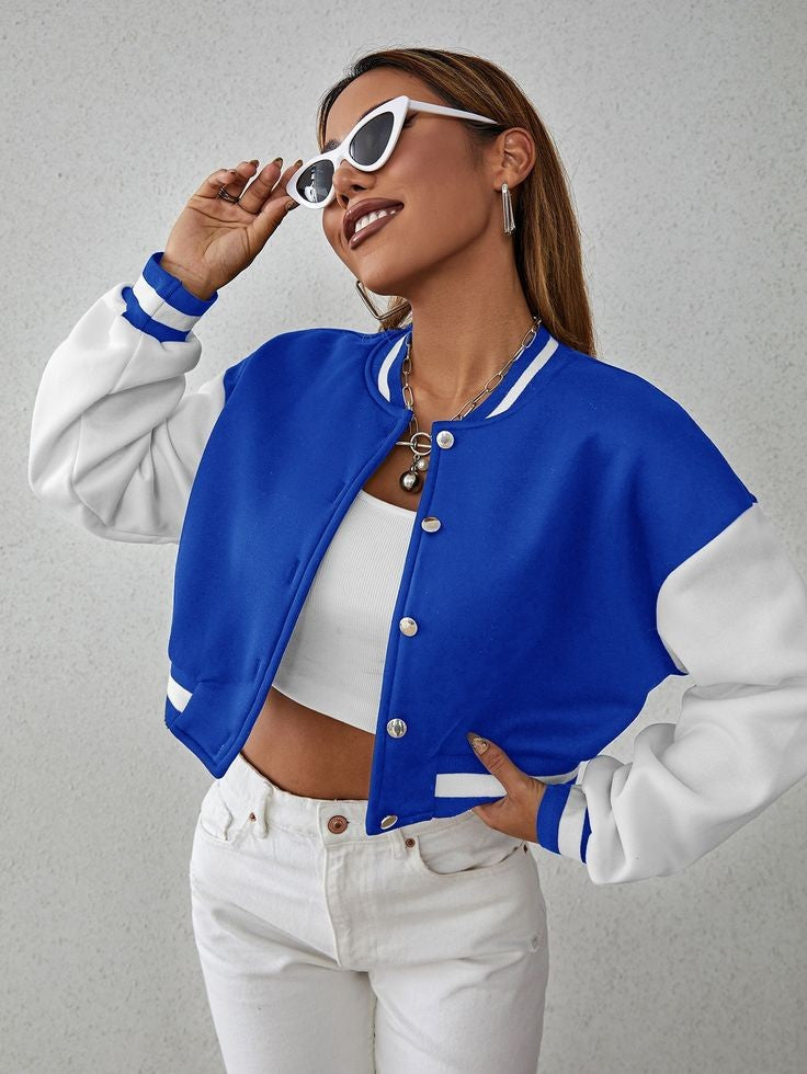 Women Solid Crop Varsity Jacket