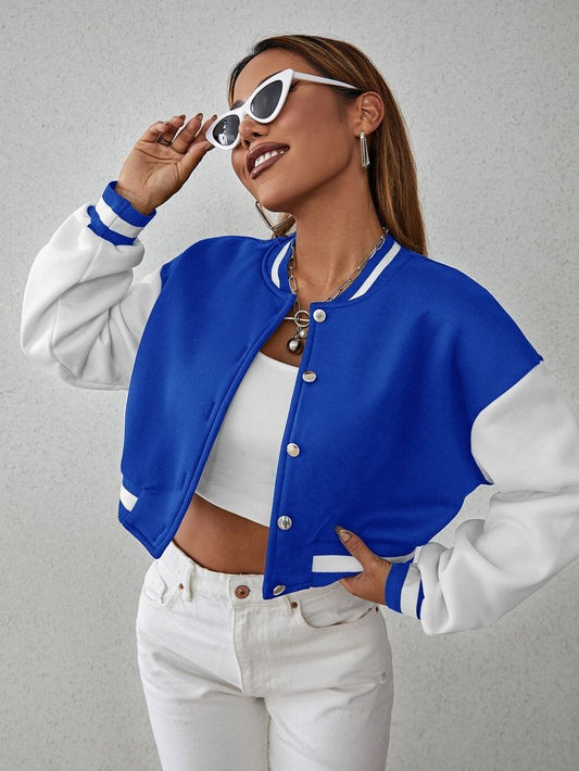 Women Solid Crop Varsity Jacket