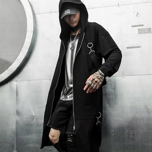 Korean Fashion Unique Trenchwear Over Coat Harajuku Hip-Hop Streetwear Long Jacket For Mens