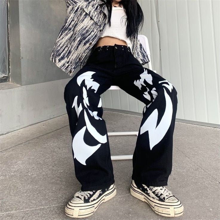 Vintage Y2K Ghost Printed Straight Fit Baggy Loose Wide Leg Black Denim Jeans For Men's Women's