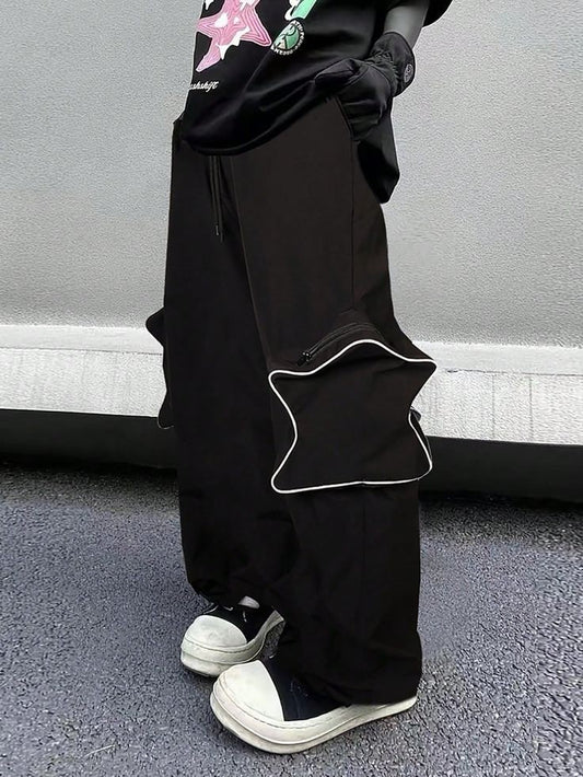 Aesthetic Y2K Streetwear Harajuku Streetwear Style Star Pocket Straight Fit Baggy Wide Leg Joggers Pant For Mens