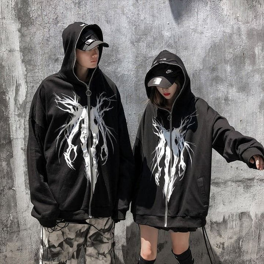 Aesthetic Y2K Couples Vintage Gothic Graphic Printed Full Zip Up Couples Zipper Hoodie