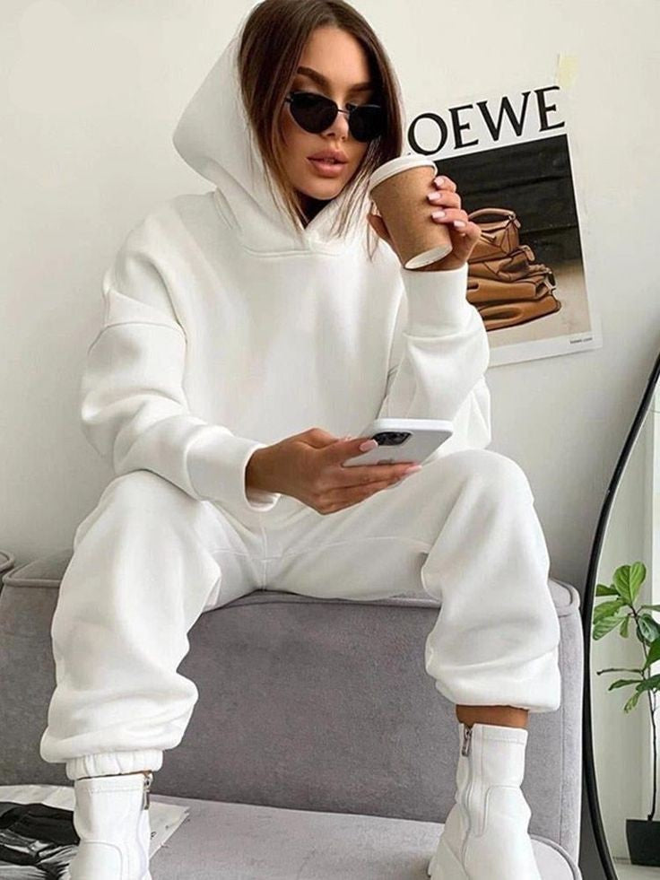 White Solid Winter Heavy Fleece Oversized Casual Tracksuit For Women -2pcs suit