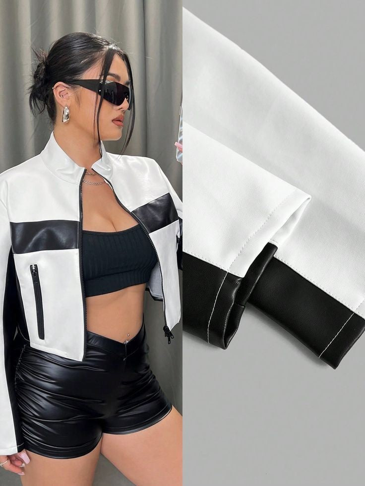 Buy Stylish Black & White Vegan Leather Crop Racer Jacket For Women  Online Clothing 