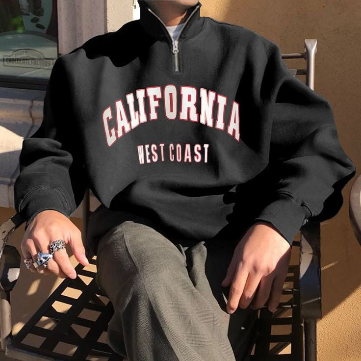 California West Coast Printed Oversized Zip Collar Relaxed Fit Sweatshirt For Mens