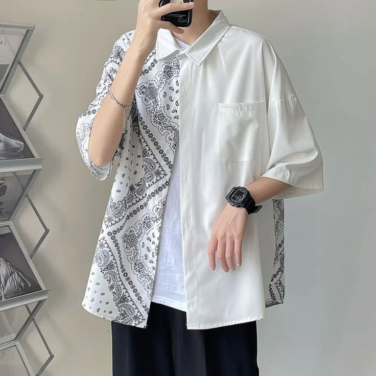 Korean Style Fashion Bandana Shirt Oversize Streetwear Harajuku Elbow Panel Shirt For Men women