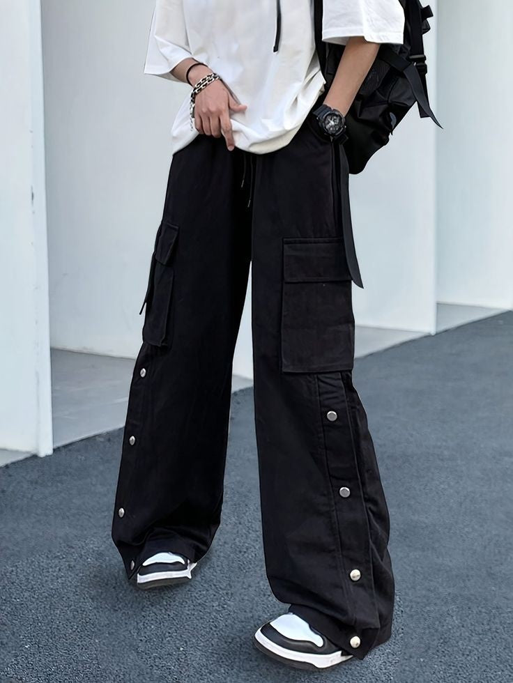 Vintage Black Utility Cargo Pants Flap Pocket Wide Leg Y2K Pants Stree –  shoppingfactory23