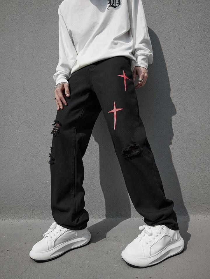 Men's Y2K Streetwear Cross Print Damage Baggy Loose Straight Fit Drip Fashion Black Jeans 