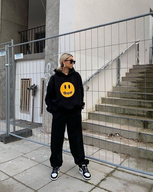 Smile Emoji Drew Print Oversized Casual Fleece Tracksuit For Women