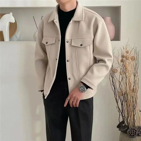 Classic Korean Fashion Beige Flap Pocket Premium Winter Fashion Collar Varsity Shacket For Mens - shoppingfactory 23