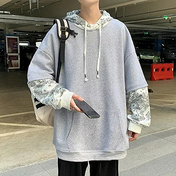 Korean Japan Fashion Baggy Loose Fit Harajuku Bandana Paisley Sleeve Kawaii Style Hoodie For Men's