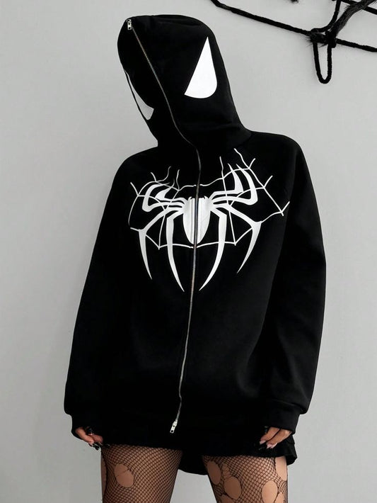 Black Spiderman Inspired Y2K Retro Style Full Zip Up Zipper Hoodie 