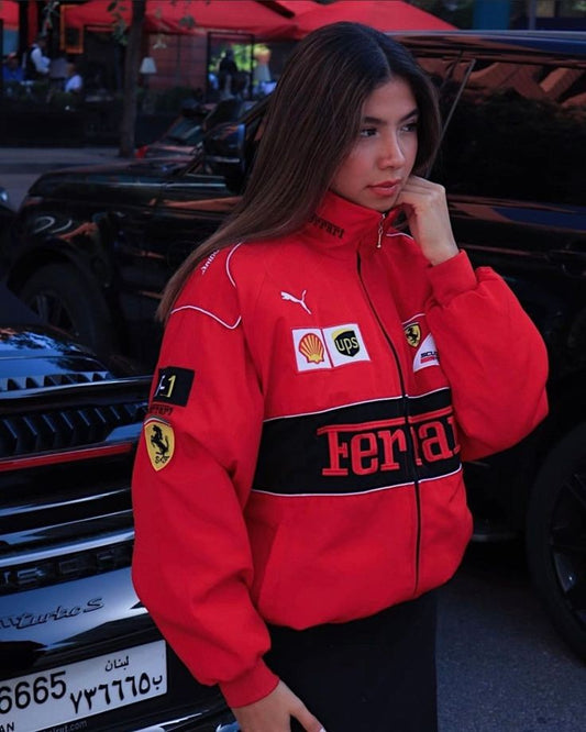 Limited edition red Ferrari F1 vintage racing jacket with motorsports-inspired design for men.