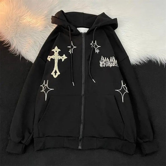 Aesthetic Y2k Vintage Cross Embroidery Zip-Up Oversize Hoodie