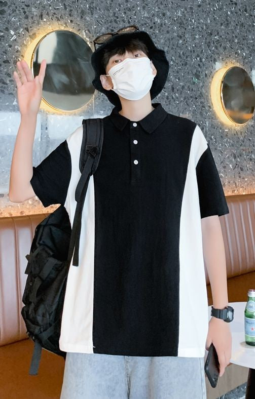 Vintage Korean Fashion Patchwork Contrast Lapel Collar Loose Casual Short Sleeve T-shirt For Mens