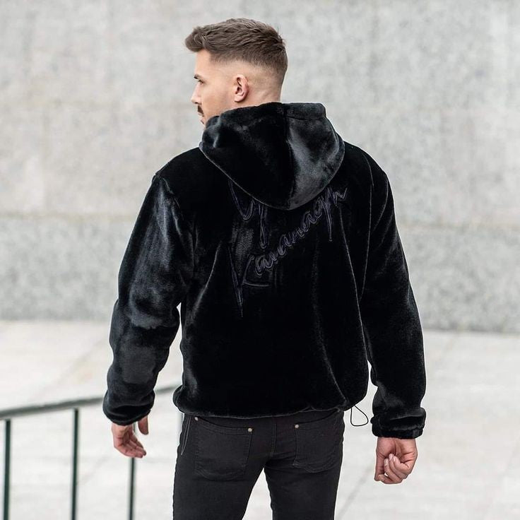 Black Shine Fur Pullover Hoodie For Mens