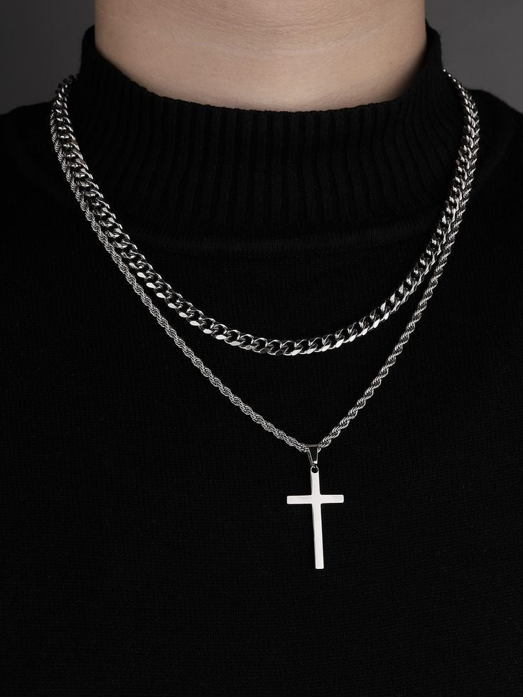 2 pcs Set - Stylish Mens Stainless Steel Double Layer Cross Pendant Necklace Jewelry Fashion Accessories 