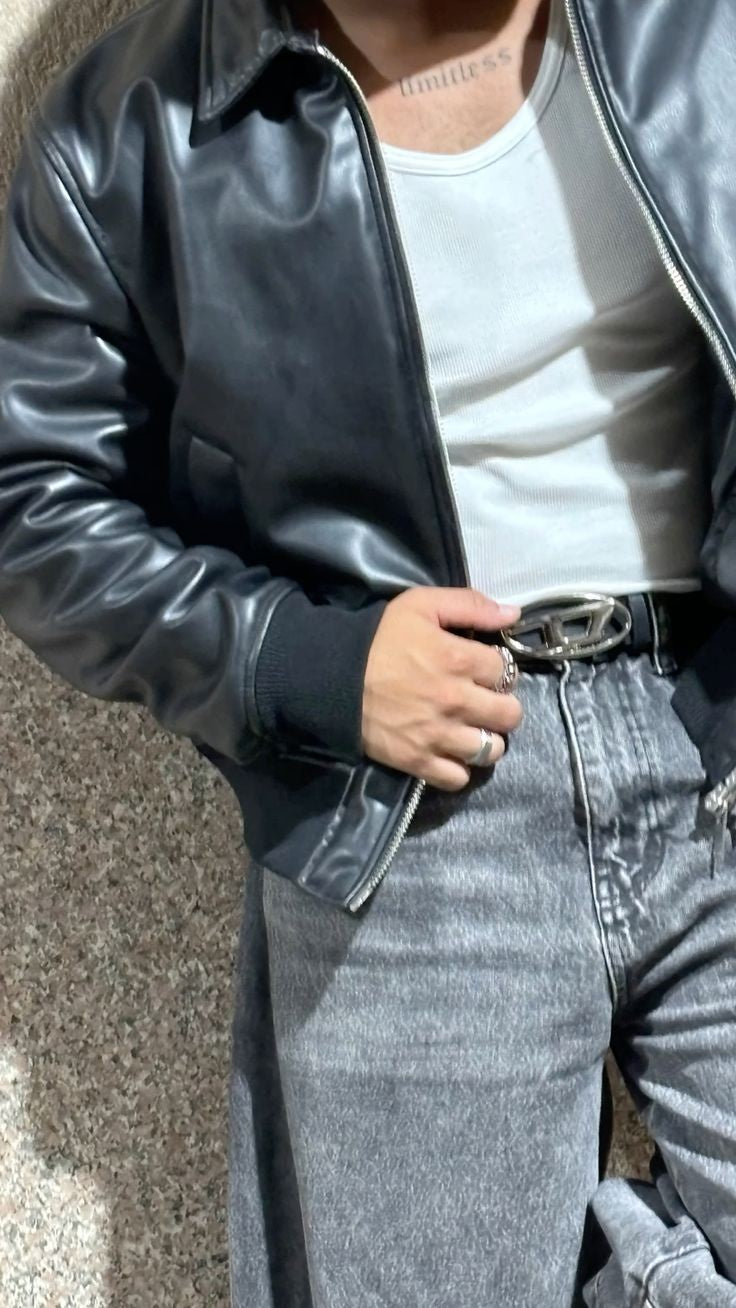 Classic Mens Basic Black Vegan Leather Retro Style Collar Bomber Jacket For Mens - shoppingfactory23