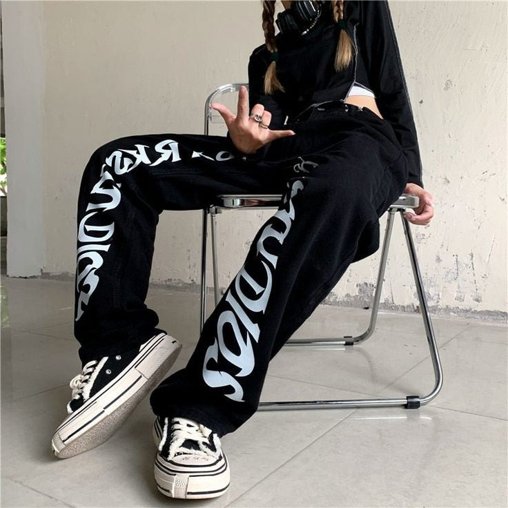 Women Y2K Fashion Darkstudio Print High Waist Baggy Straight Leg Black Denim Jeans 