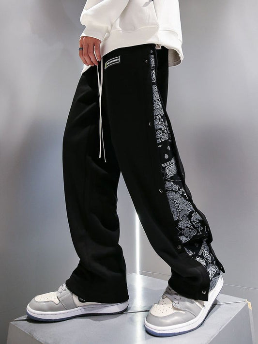 Vintage Wide Leg Baggy Fit Side Bandana Patch Strip Track Pant For Men