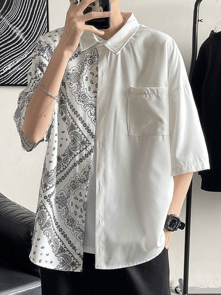 Korean Style Fashion Bandana Shirt Oversize Streetwear Harajuku Elbow Panel Shirt For Men women