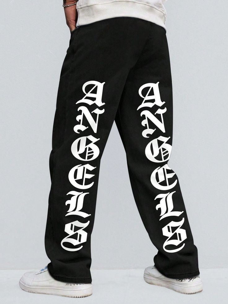 Black Vitage Letter Graphic Printed Straight Fit Baggy Jeans 