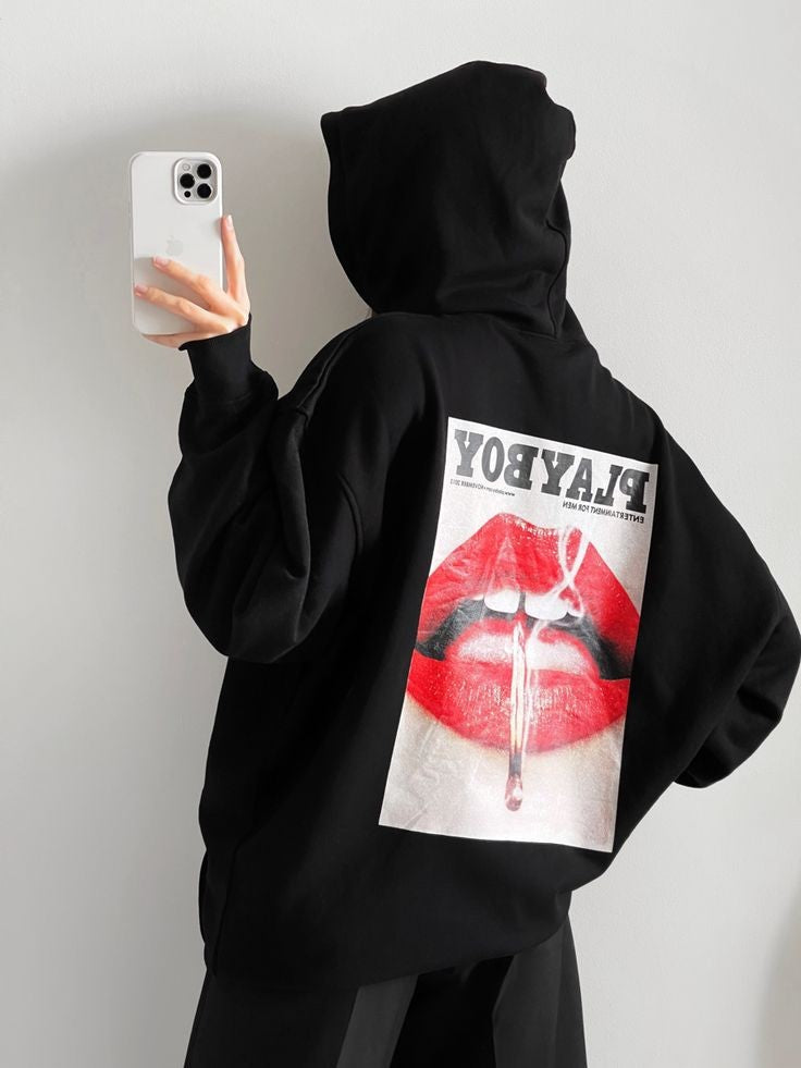 Playboy Black Unisex Printed Pullover Oversized Hoodie