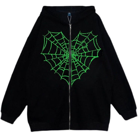 Black Spider Man Web Glow In Dark Printed Zipper Hoodie - Unisex