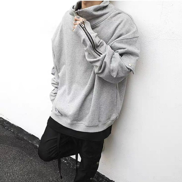 Men's Oversized Y2K High Neck Zip Sleeve Snap Button Pocket Pullover Hooded Sweatshirt