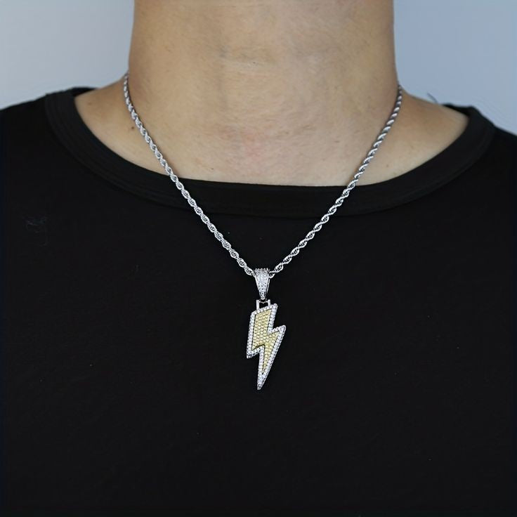 Fashion Jewelry Ice Out Lighting Bolt Ice Pendant With Stainless Steel Chain Combo Necklace For Stylish Look