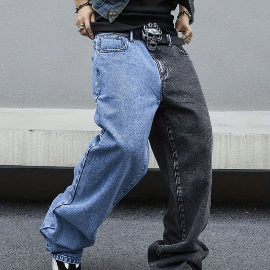 Men's Two Shaded Baggy wide Leg Streetwear Denim Jeans 