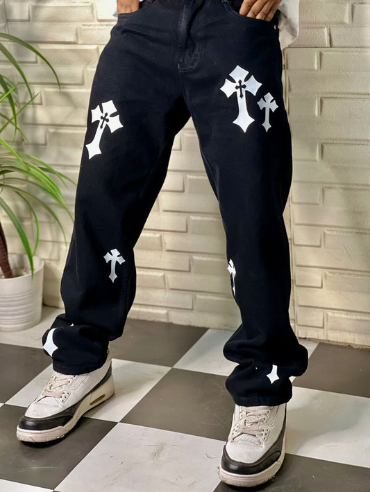 Aesthetic Cross Printed Straight Fit Baggy Black Denim Jeans