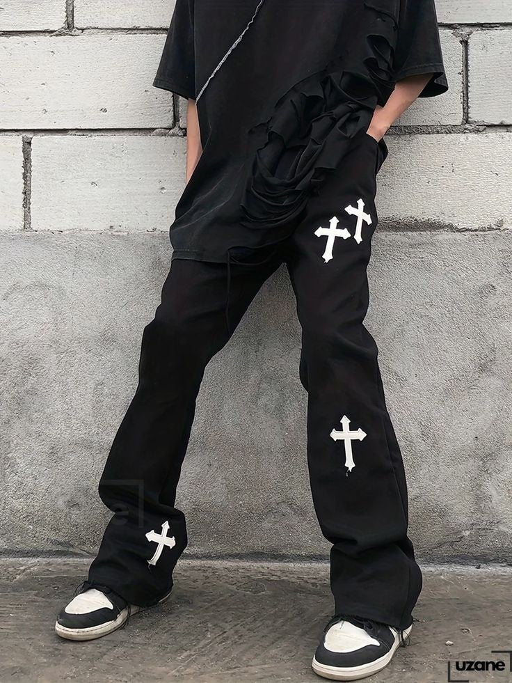 Aesthetic Y2K Retro Cross Print High Street Baggy With Tone Hip Hop Fashion Black Denim Jeans For Mens