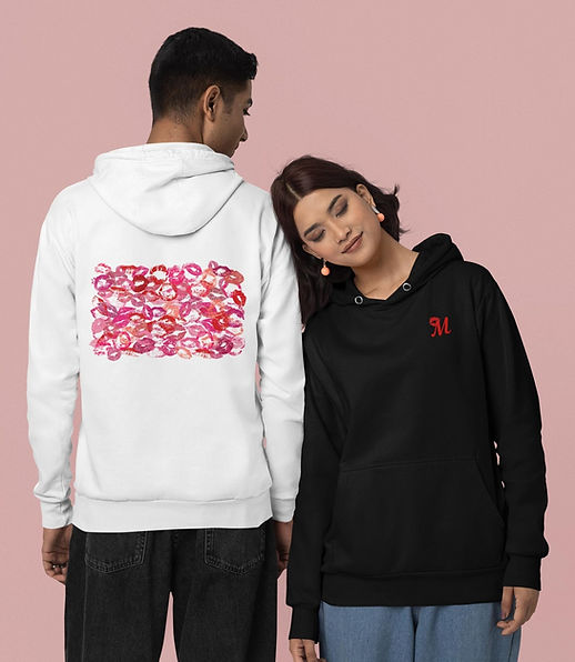 Two people wearing hoodies with kisses design on the back and logo on the chest 
