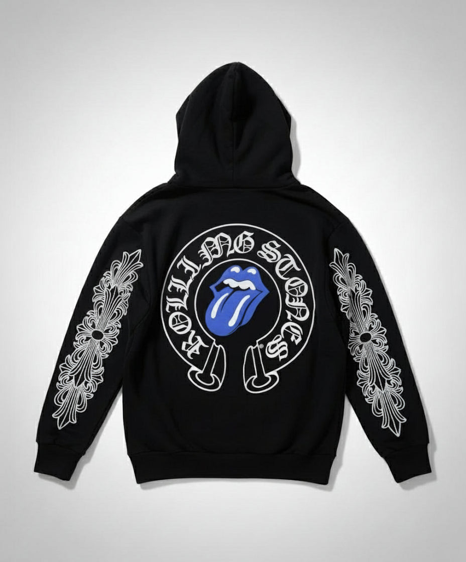 Black hoodie with Rolling Stones logo on a white background
