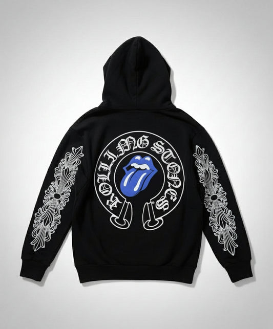 Black hoodie with Rolling Stones logo on a white background