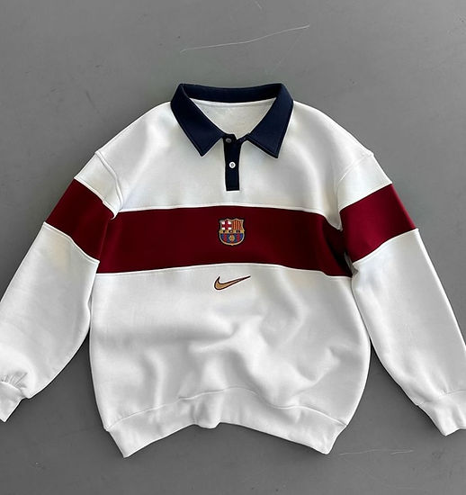 Y2K Barcelona Print Polo Collar Fleece Oversized Relaxed Fit Sweatshirt For Mens