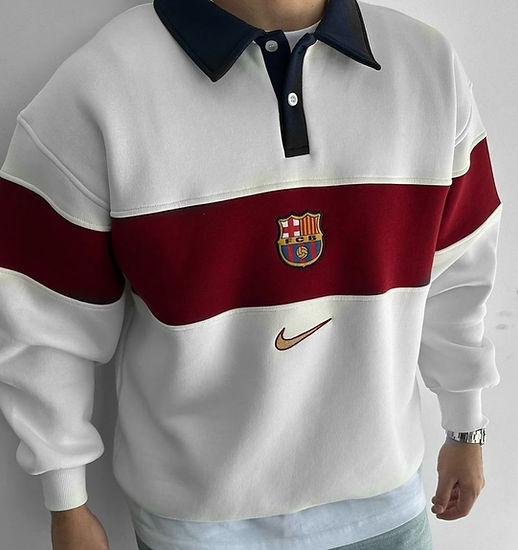 Y2K Barcelona Print Polo Collar Fleece Oversized Relaxed Fit Sweatshirt For Mens