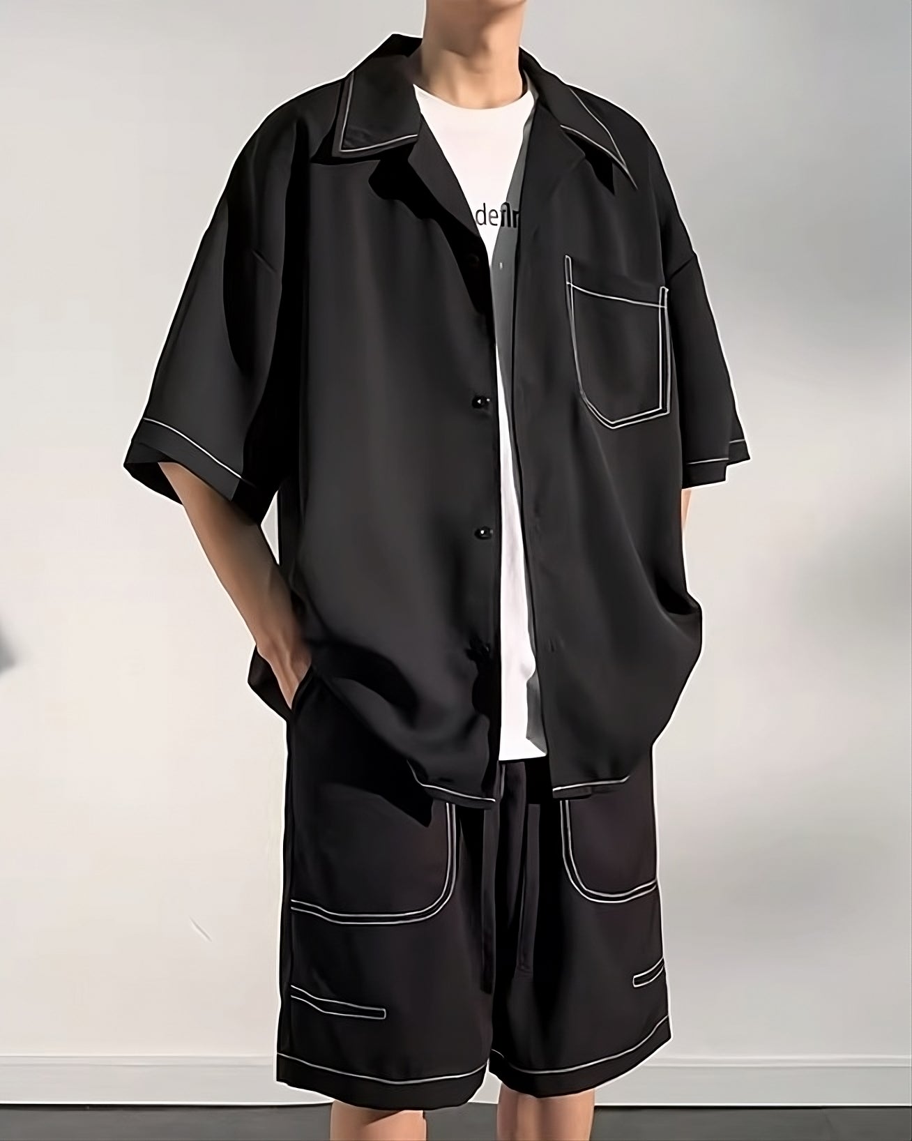 Trendy Street Hong Kong Style Outer Stitch Contrast Elbow Sleeve Short & Shorts For Mens