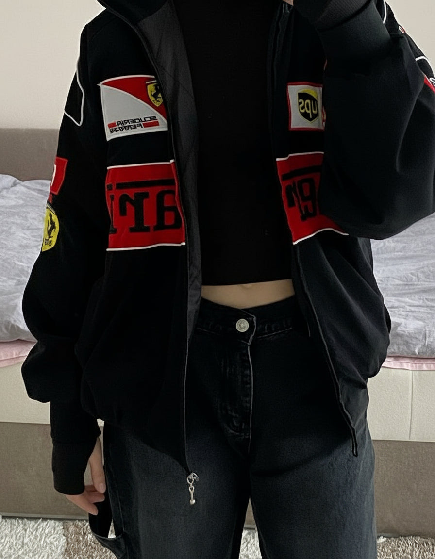 Black Ferrari F1 Vintage Embroidery Parachute Racing jacket 