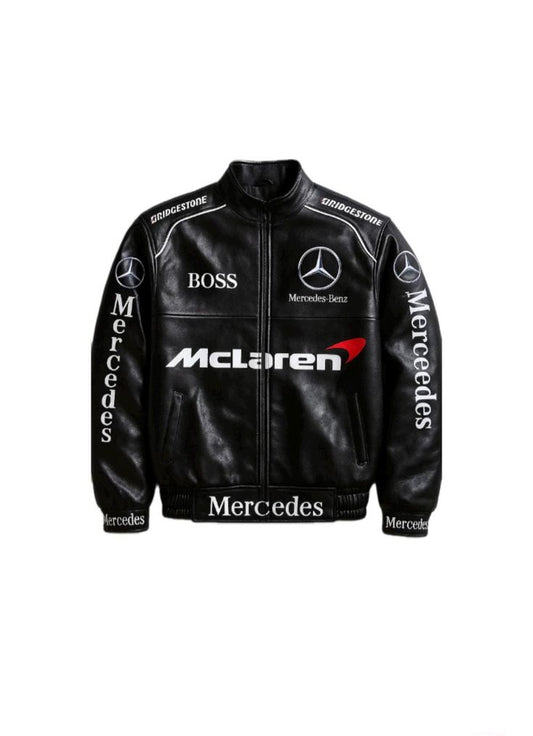 Black leather jacket with Mercedes and McLaren white background