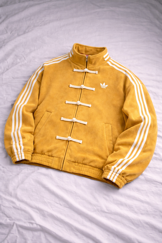 Yellow CNY jacket with white stripes and buttons on a light gray background