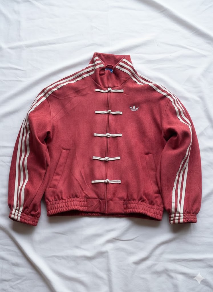 Red CNY jacket with white stripes on a white background