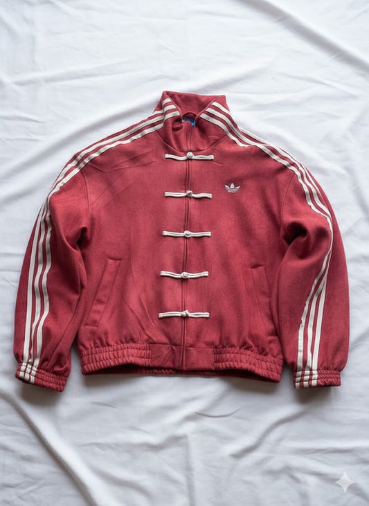 Red CNY jacket with white stripes on a white background