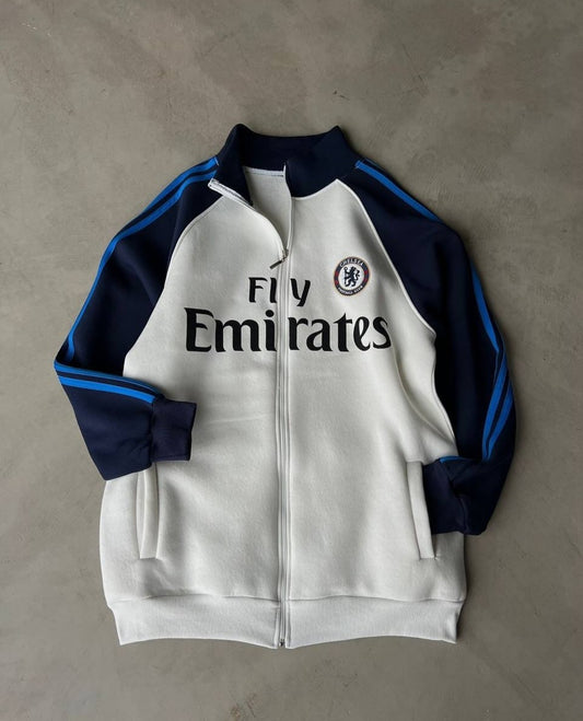 Chelsea retro track jacket in white and navy with Fly Emirates Zip Up jacket