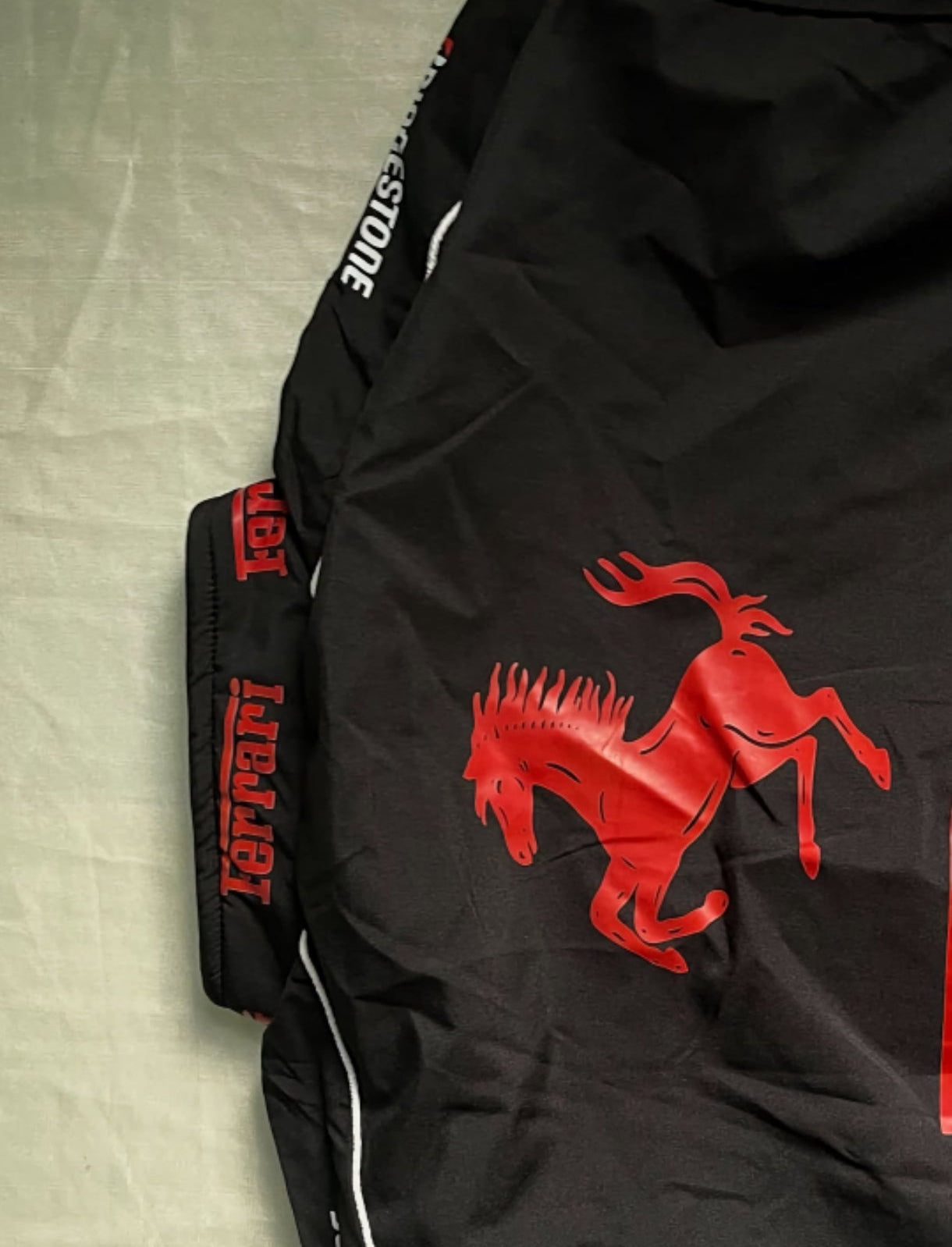 Black jacket with red horse logo and Ferrari branding on a textured surface