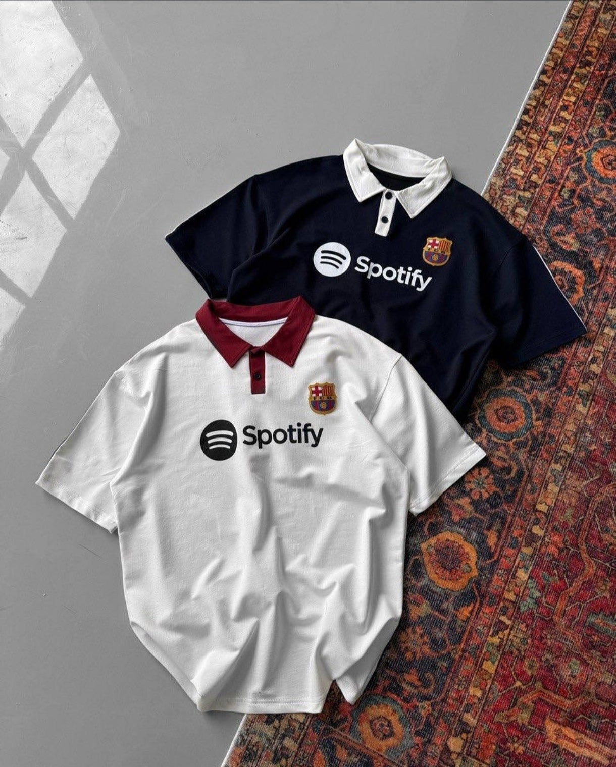 FC Barcelona x Spotify men's retro-style polo shirts in white and navy blue