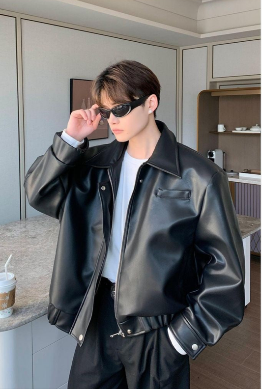 "Classic Vintage Style Black Vegan Leather Retro Biker Oversized Bomber Collar Jacket For Mens - shoppingfactory23."