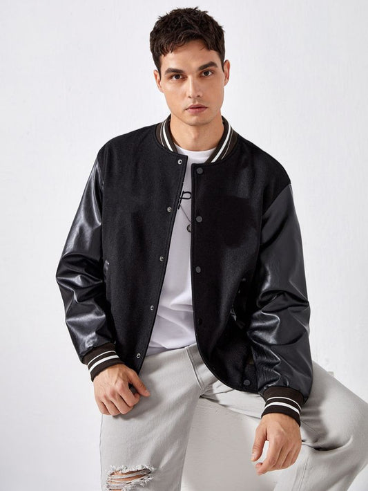 Black Vegan Leather Sleeve Varsity Jacket For Mens