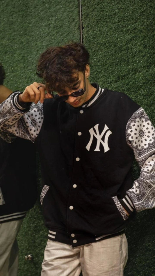 Bandana Sleeve NY Logo Baseball Varsity Jacket